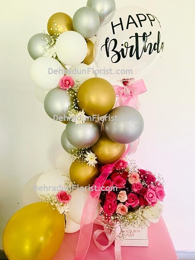 30 Silver Gold and White with Happy Birthday printed Metallic Chrome Balloons Air filled 12 roses
