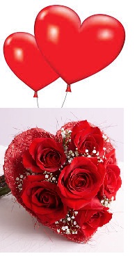 2 Red Air Blown balloons 6 Red Roses Heart
