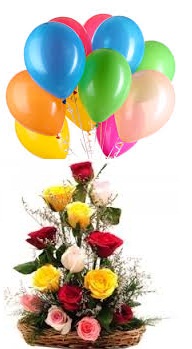 10 coloured Air filled balloons 12 Mix Roses basket