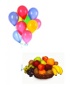 10 Air filled balloons with 1 Kg Fresh fruits basket
