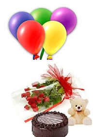 5 Air Balloons 1/2 Kg Cake 12 Red Rose Bouquet 6 inches Teddy