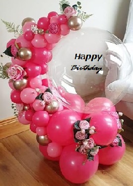 30 small and big dark and light pink balloons arch with pink flowers and happy birthday organic clear balloon