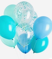 10 Gas filled blue green confetti Balloons tied to ribbons
