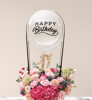 Happy birthday bobo balloon with 30 assorted flowers basket