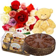 roses, teddy, 1/2 kg cake,16 packs ferrero rocher