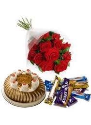 6 Red Roses, 1/2 Cake, 5 bars cadbury chocolate