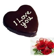 1 Kg chocolate truffle Heart Cake with icing I LOVE YOU with 5 roses free