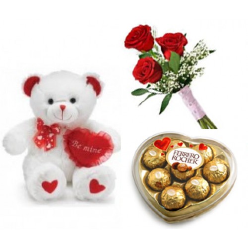 Teddy Three Red Roses Heart chocolate box