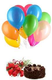 8 air filled Balloons with 1/2 Kg Chocolate Cake 6 Red Roses