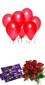 5 Red Balloons 6 Red roses 3 Dairy Milk