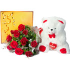 Red roses bunch + teddy bear + cadbury chocolat