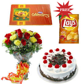 1 kg Cake 1box chocolates 12 flowers with lays