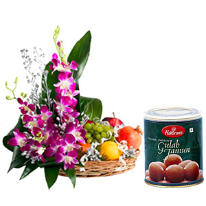 Orchids basket with 2 kg fruits and 1 kg gulab jamun sweets