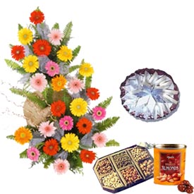 1 kg Dry fruits box of chocolates 1 kg Kaju katli 30 flowers