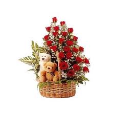 2 teddies with 18 red roses basket