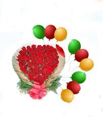 24 Red roses heart with 9 Air Filled Balloons