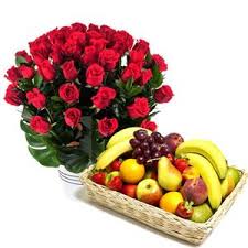 50 roses bunch and 3 kg fruit basket