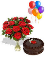 40 roses, 2 pound cake with 6 blown balloons