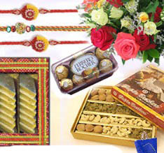 3 rakhi, kaju katli 1/2 kg, 16 ferrero chocolate, 1/2 kg dry fruit and 12 flowers bouquet