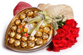 6 red roses bunch Heart shaped chocolate box not ferrero