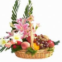 Fresh Fruit and assorted Flowers all in one basket