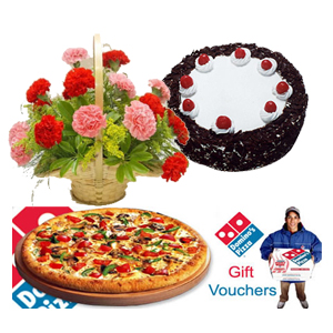 Pizza with 12 carnations basket 1 pound cake and card