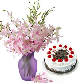 Orchids in a glass vase with 1 kg cake