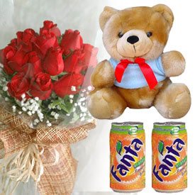 2 cans soft drink teddy bear and dozen red roses