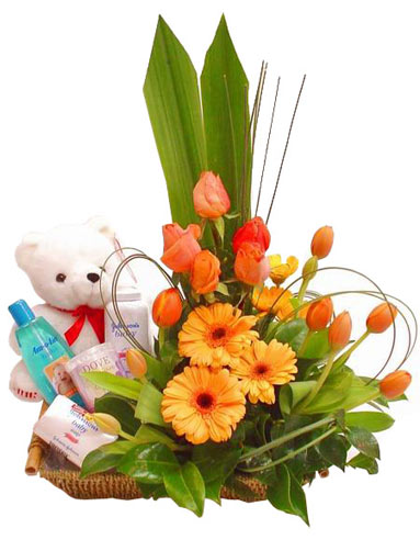 Teddy bear ,flowers and johnsons baby kit