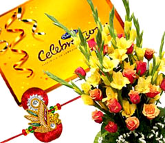 1 rakhi with celebration and 12 flowers bouquet