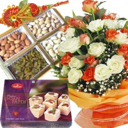 1/2 kg dry fruit, 12 flowers soan papdi 1/2 kg, rakhi roli chawal