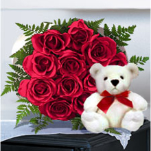 12 Red roses bunch with teddy bear