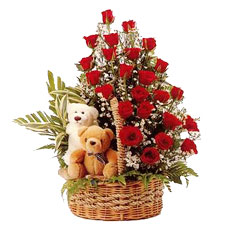 2 teddies 24 red roses