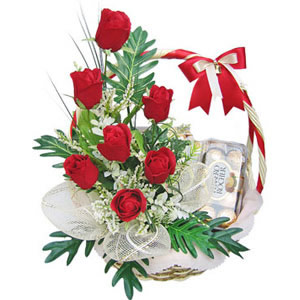 6 red roses, 16 Chocolates basket