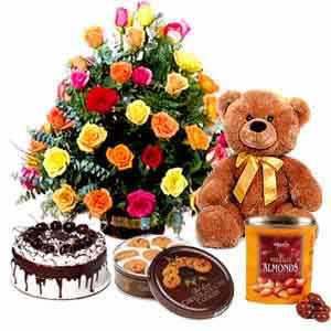 Basket 24 mix roses, 1/2 kg cake, teddy, cookies, chocolates