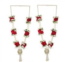 A pair of simple red white rose garland with strings of beads and pearls