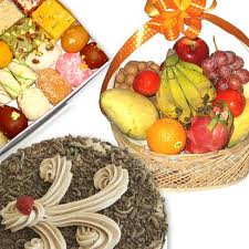 fruit basket with 1/2 kilo cake and Indian sweets