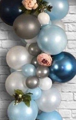 20 dark blue light blue silver white air blown small and large balloons with leaves and flowers