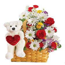 Teddy in Basket with Red and white Flowers