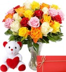 Teddy bear (6 inches) 24 Mix roses Vase and Card