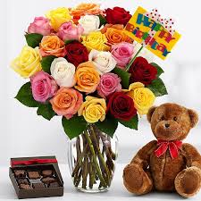 Flowers with teddy and chocolates