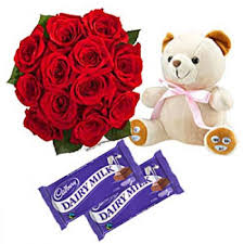 12 red roses teddy and 2 dairy milk chocolates