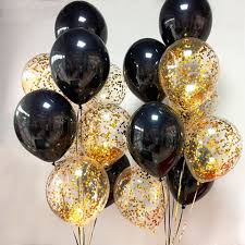 15 Gas filled gold confetti black Balloons tied to ribbons