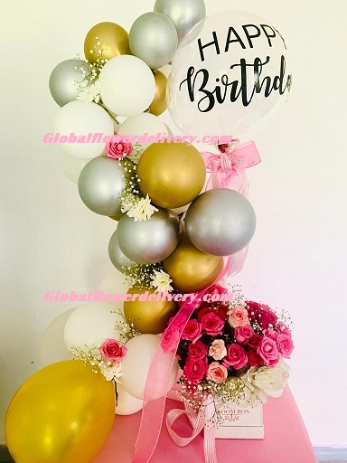 Custom made happy birthday metallic air balloons white gold silver with box of flowers