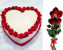 1 Kg heart black forest white icing border red roses and 5 red roses free