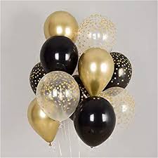 10 Gas filled gold black Balloons tied to ribbons