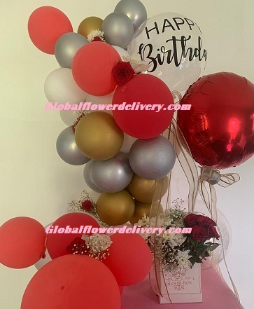 Custom made happy birthday metallic air filled balloons red gold silver with box of flowers