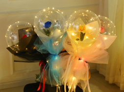 Four Transparent bobo balloons with roses inside and LED Light for Birthday 