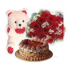 Cake with 12 red roses bouquet and teddy