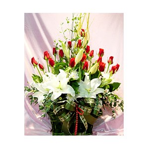 White Lilies red Roses basket